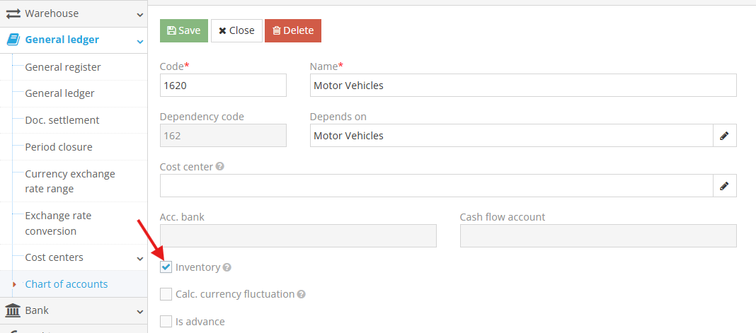 Inventory checkbox in chart of accounts for account 1620